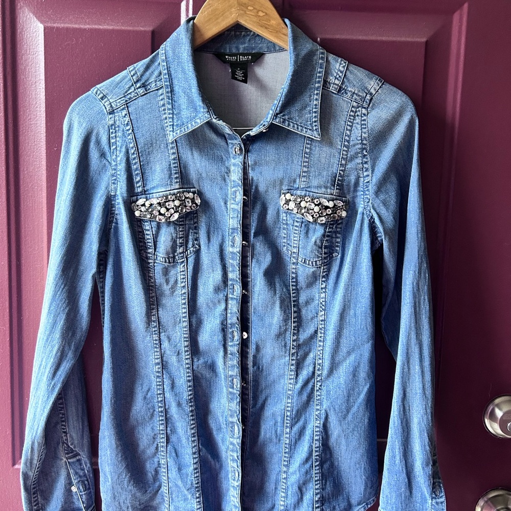 Denim Button-Up Shirt with Embellished Pockets